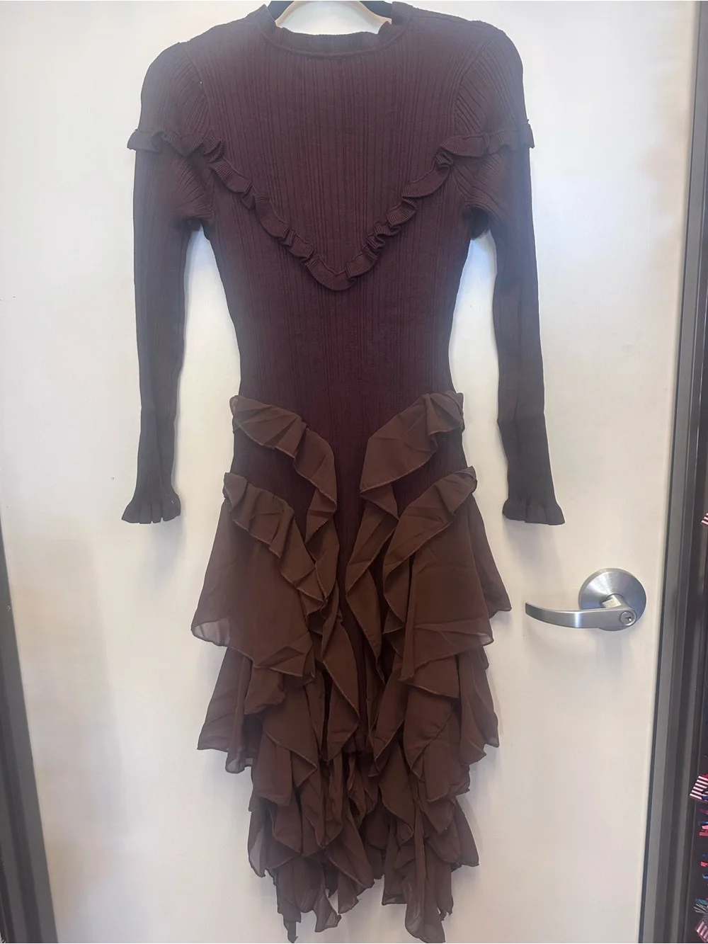 KHAITE Chocolate Brown Long-Sleeve Ruffle Midi Dress - Picture 3 of 4